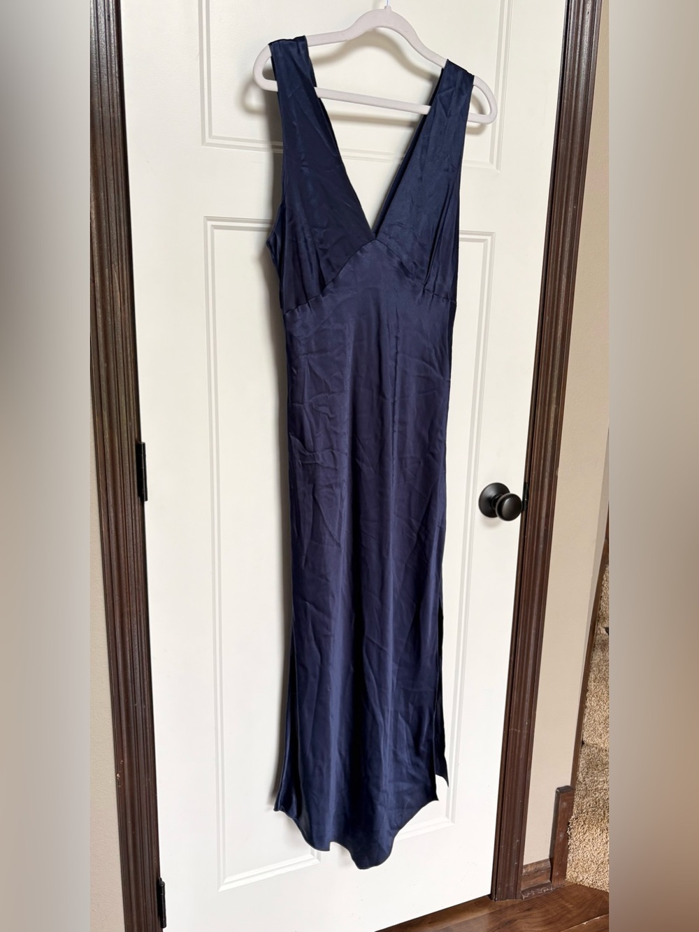 Rails Monique Navy Blue Satin Back Crepe Midi Slip Dress Asymmetrical Hem Sz M - Picture 10 of 16